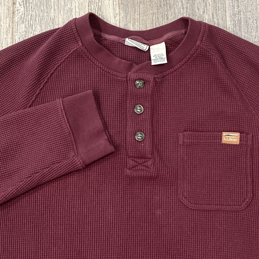 L.L. Bean Mens Built Waffle Henley Burgundy Shirt Large Tall Thermal Long Sleeve